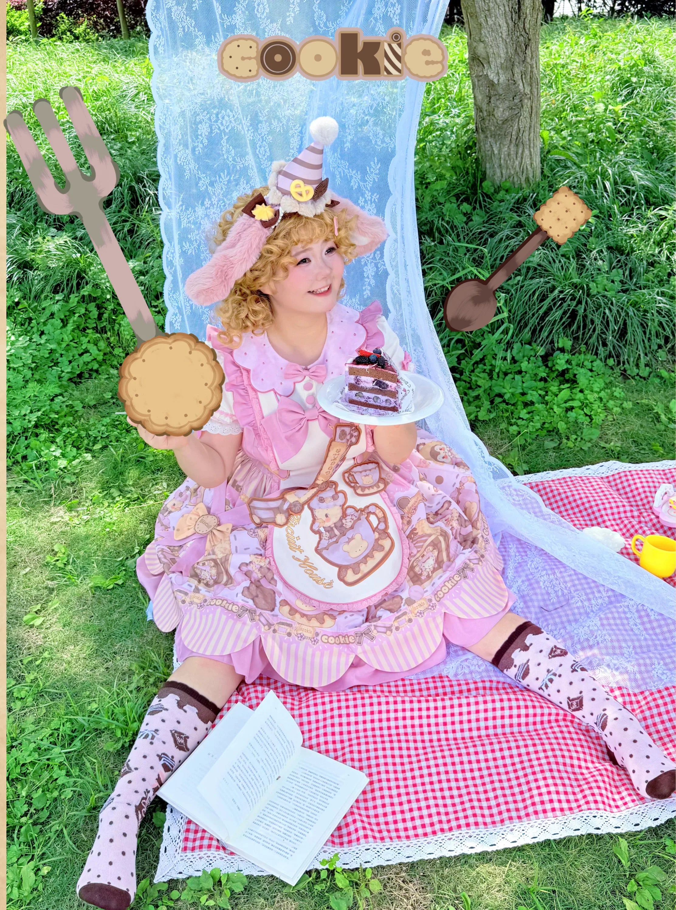 Bear Biscuit SP - Kawaii Lolita Bear Printed Dress Set with Bows 45375:846427