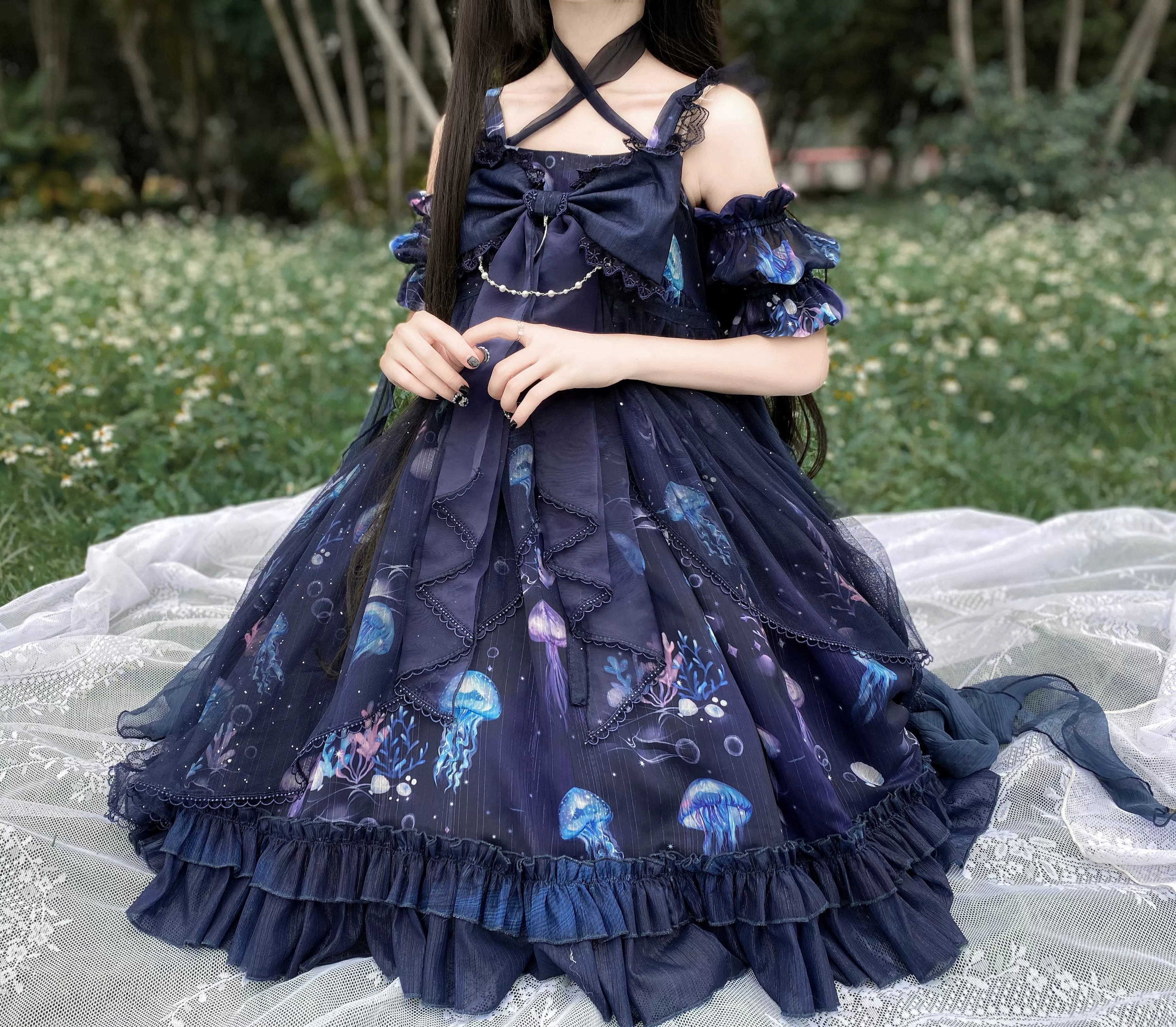 Coral Jellyfish - Sweet Lolita High-waist JSK Dress, Jellyfish & Coral Print 44906:827394