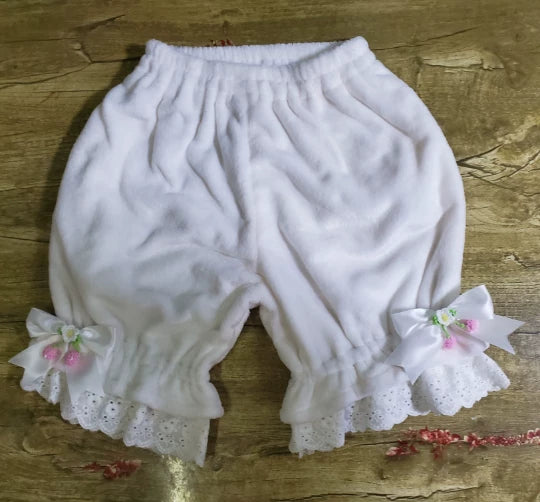 Winter Coral Fleece Lolita Bloomers, Lace Trimmed Bloomers with White bow One Size