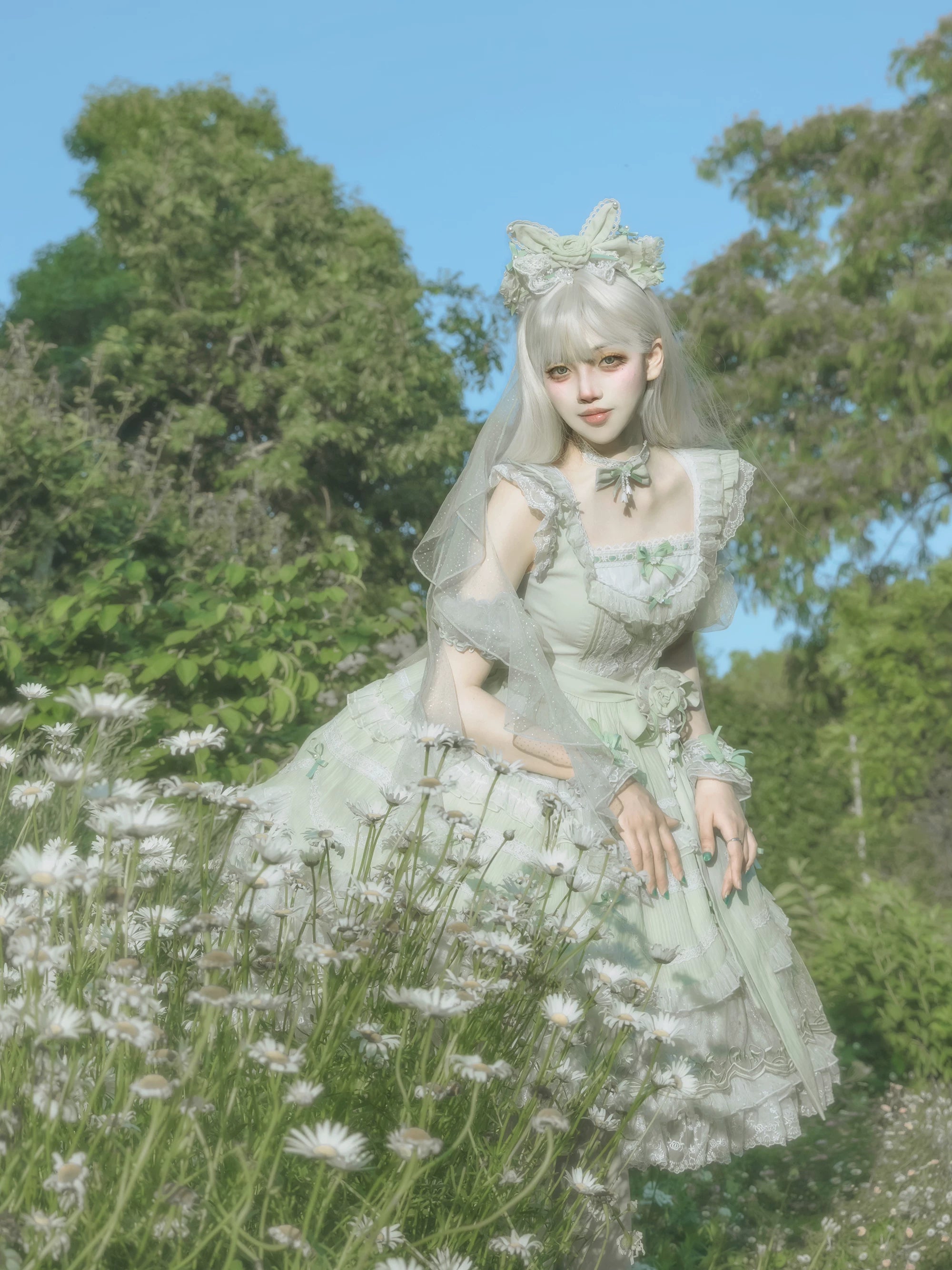 Lily of the Valley Lamb - Classic Lolita Tiered Hem JSK Dress with Embroidery 45277:852081