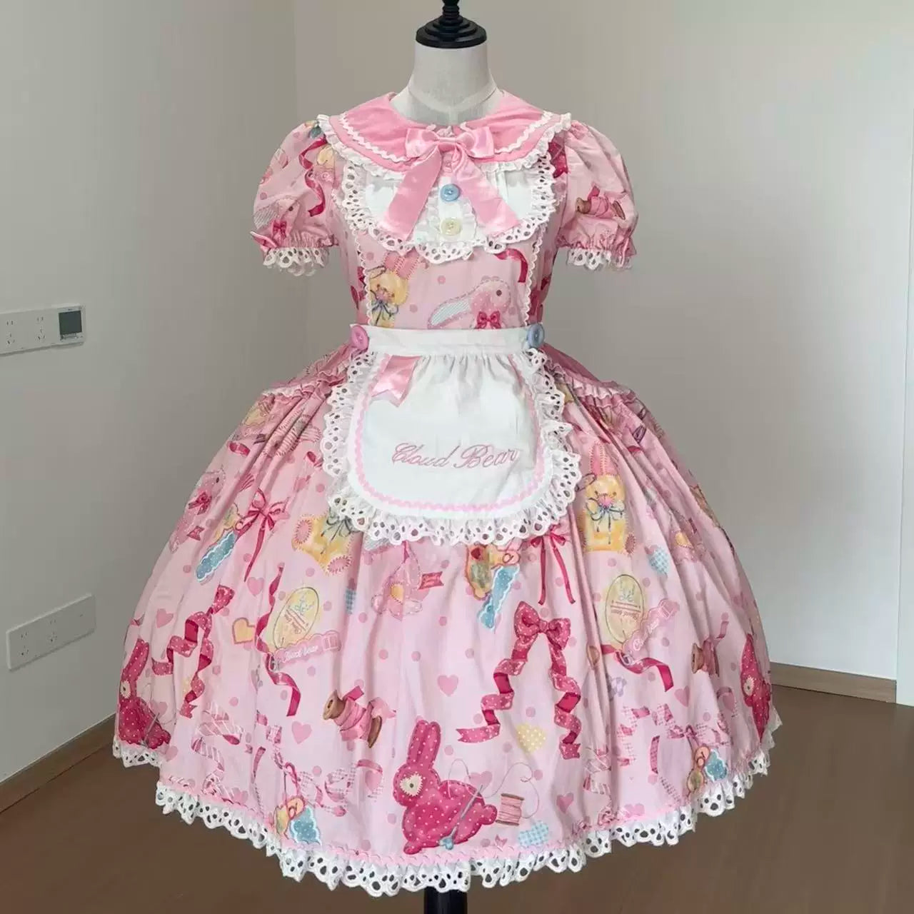 Little Bunny Tag - Sweet Lolita Bunny Printed OP & Salopette, Detachable Apron (2XL L M S XL / Pre-order) 45718:859498