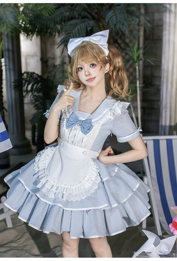 Seven-Day Bell - Blue Classic Lolita Striped OP Dress, Sailor Collar