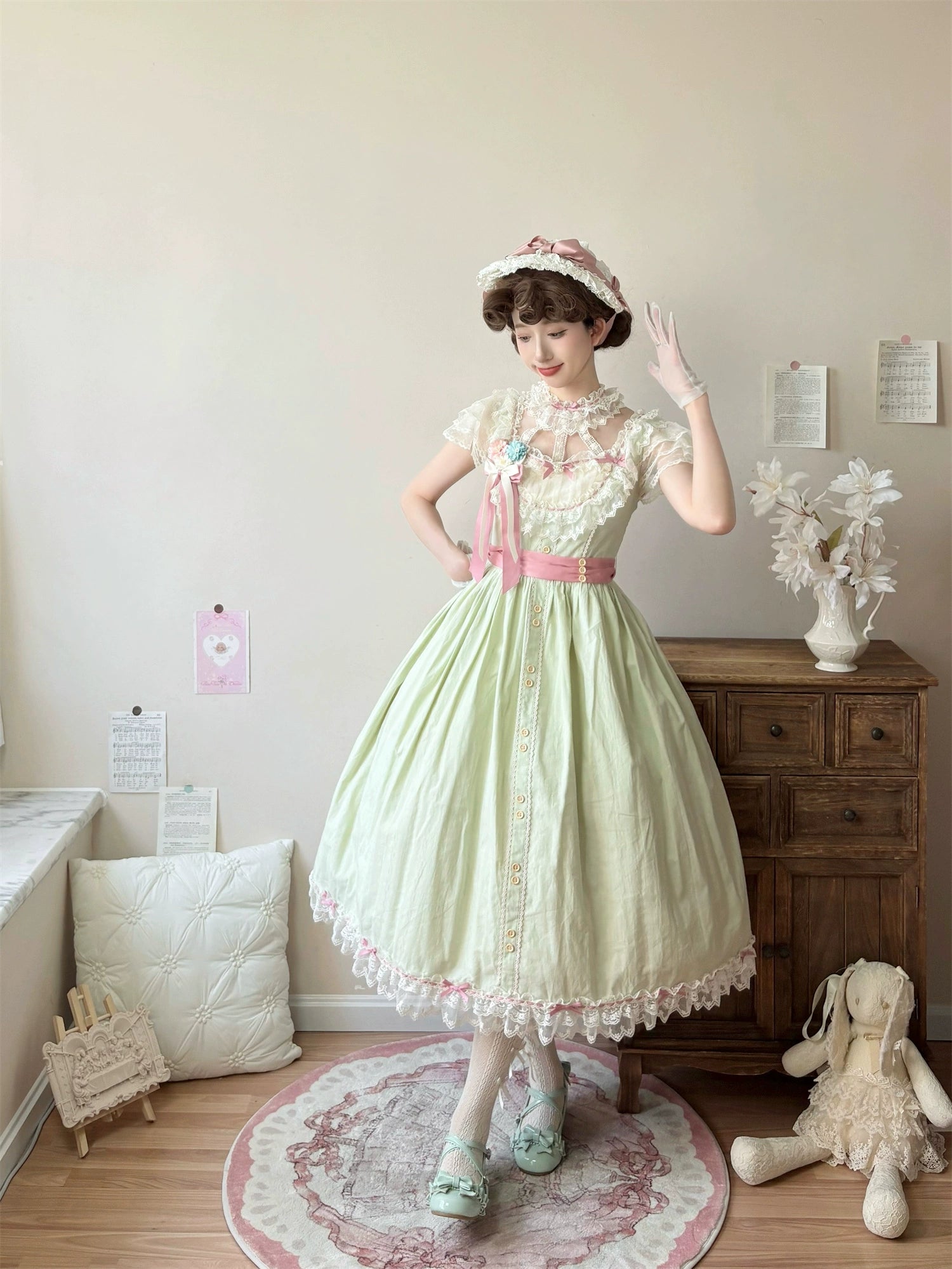 Fluttering Cherry Spring Strings - Cotton Sweet Lolita JSK Dress Long - Light Green - JSK Only (dress+waist tie) S