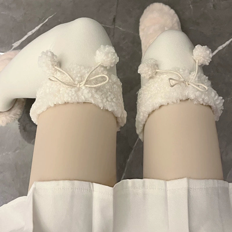 Hua Nai cat - Kawaii Winter Lolita Stockings Fuzzy Trim Furball Over-knee Socks One Size Cream white