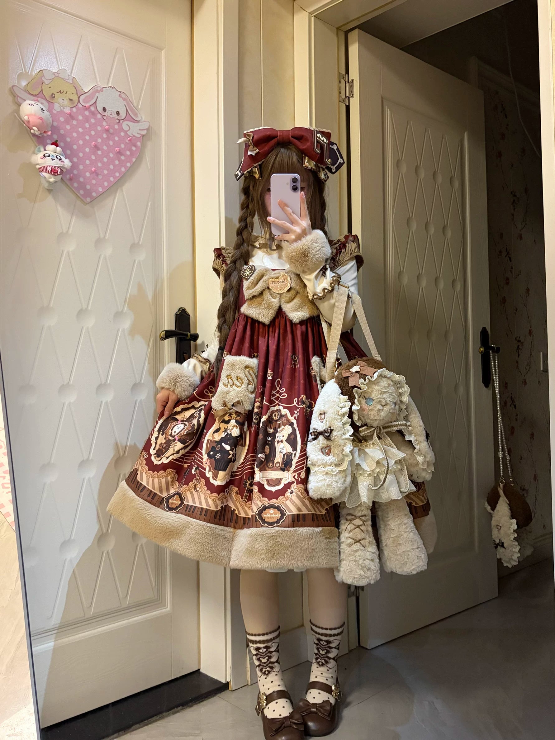Cream Bear - Print Kawaii Lolita Fake Two-Piece OP, A-lined JSK Dress 44502:811635