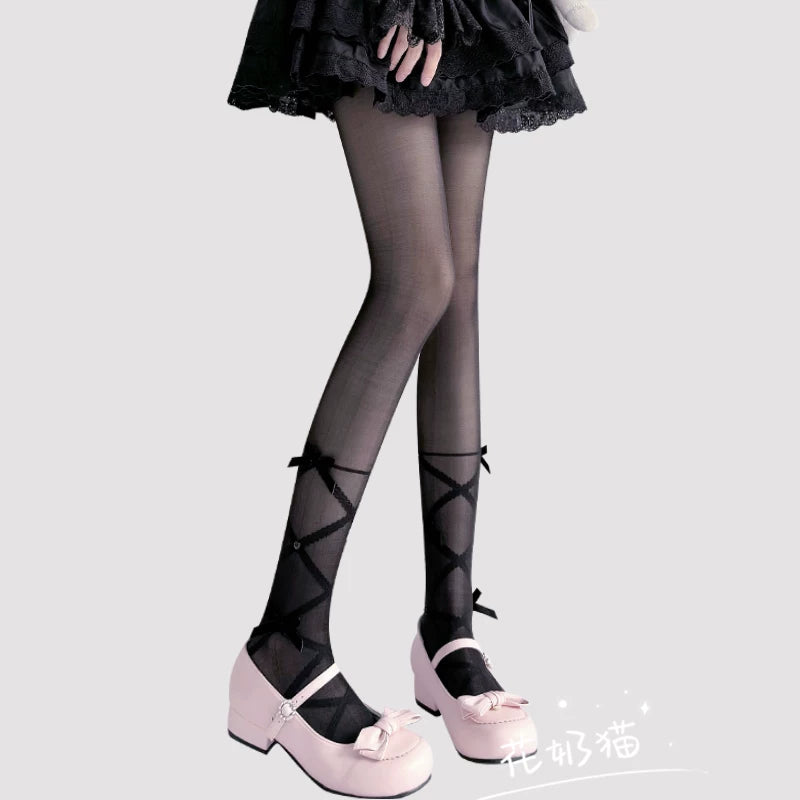 Daily Lolita Summer Pantyhose, Delicate Bows Black Bows One Size