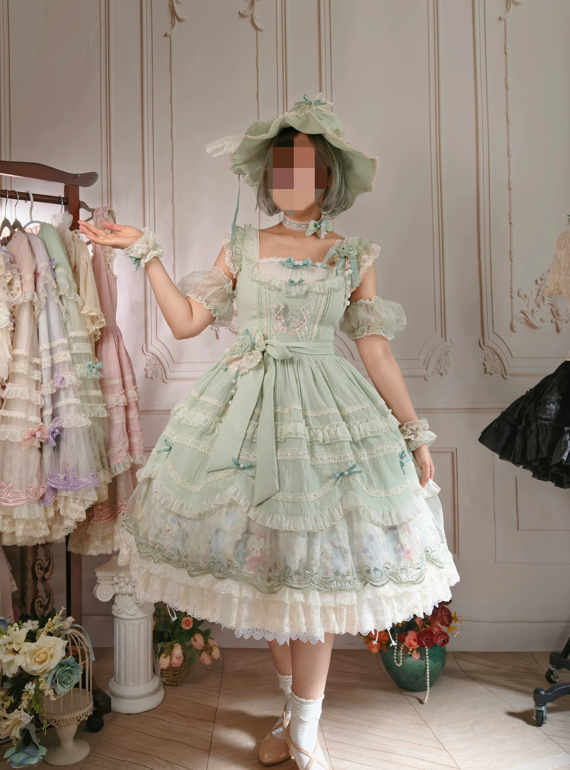 Lily of the Valley Lamb - Classic Lolita Tiered Hem JSK Dress with Embroidery 45277:852039