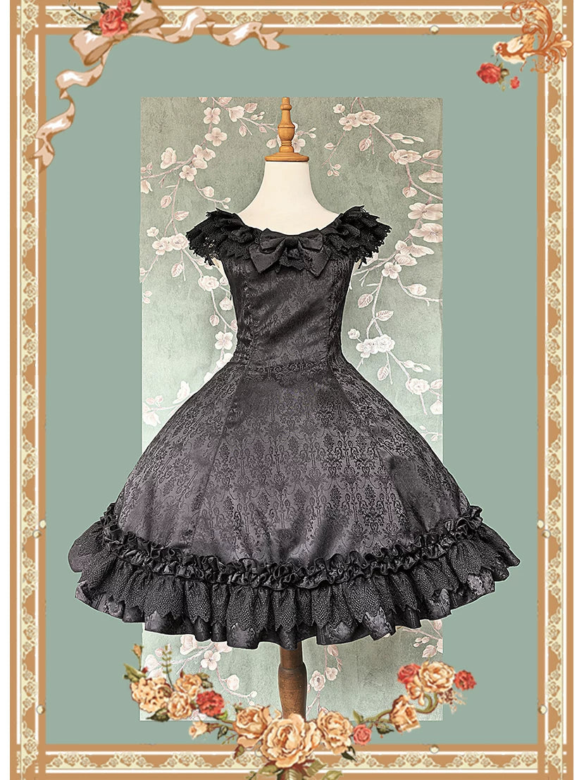 Canon Of Floral Melody - Gothic Lolita Black JSK Dress, Jacquard Pattern Black JSK Only S