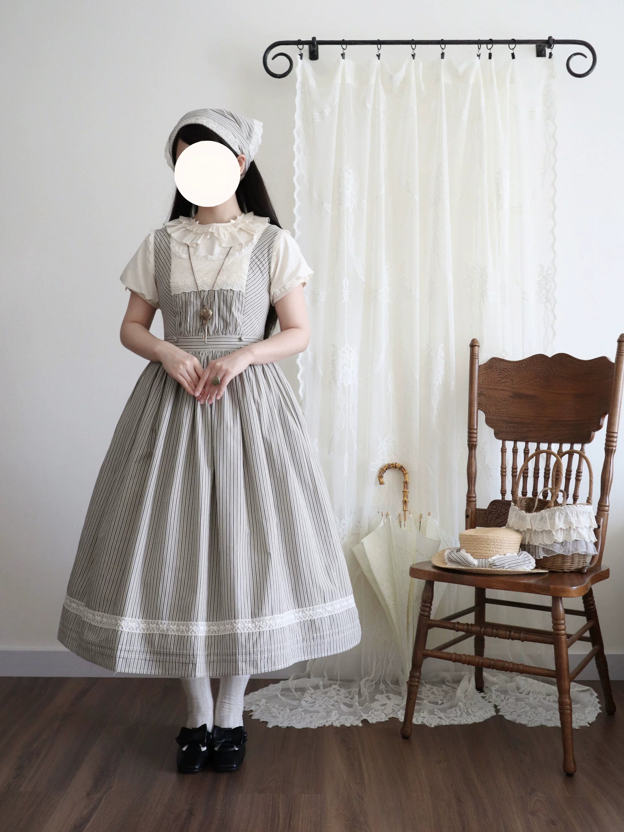Stripe Minuet - Classic Lolita Striped JSK Dress, Embroidered Neckline 45317:844822