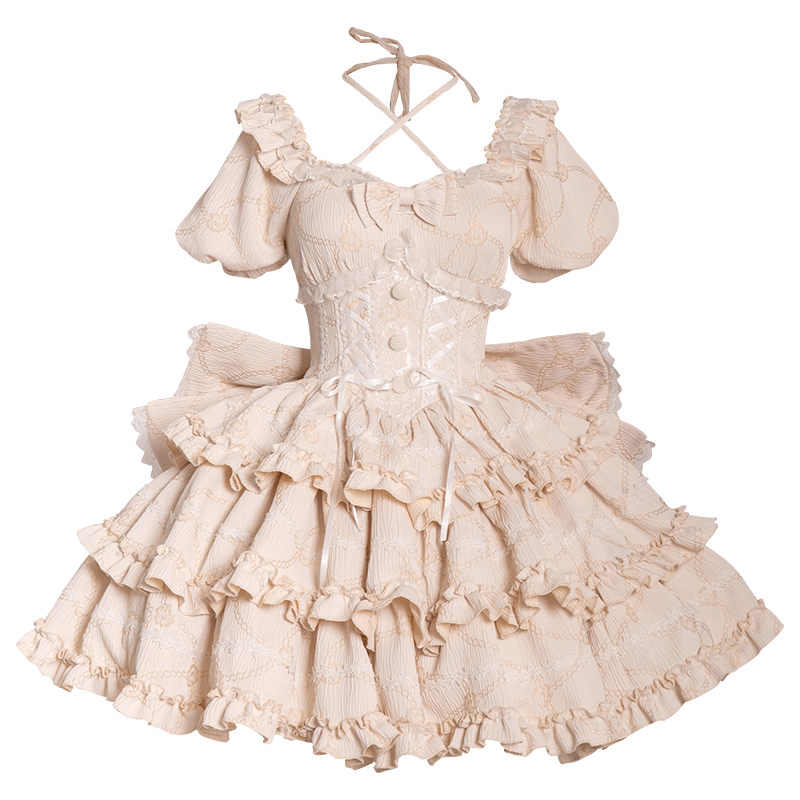 OCELOT - Puff Rose - Sweet Lolita OP Princess Bow Trailing Lolita Dress Champagne (OP with large back bow ) S