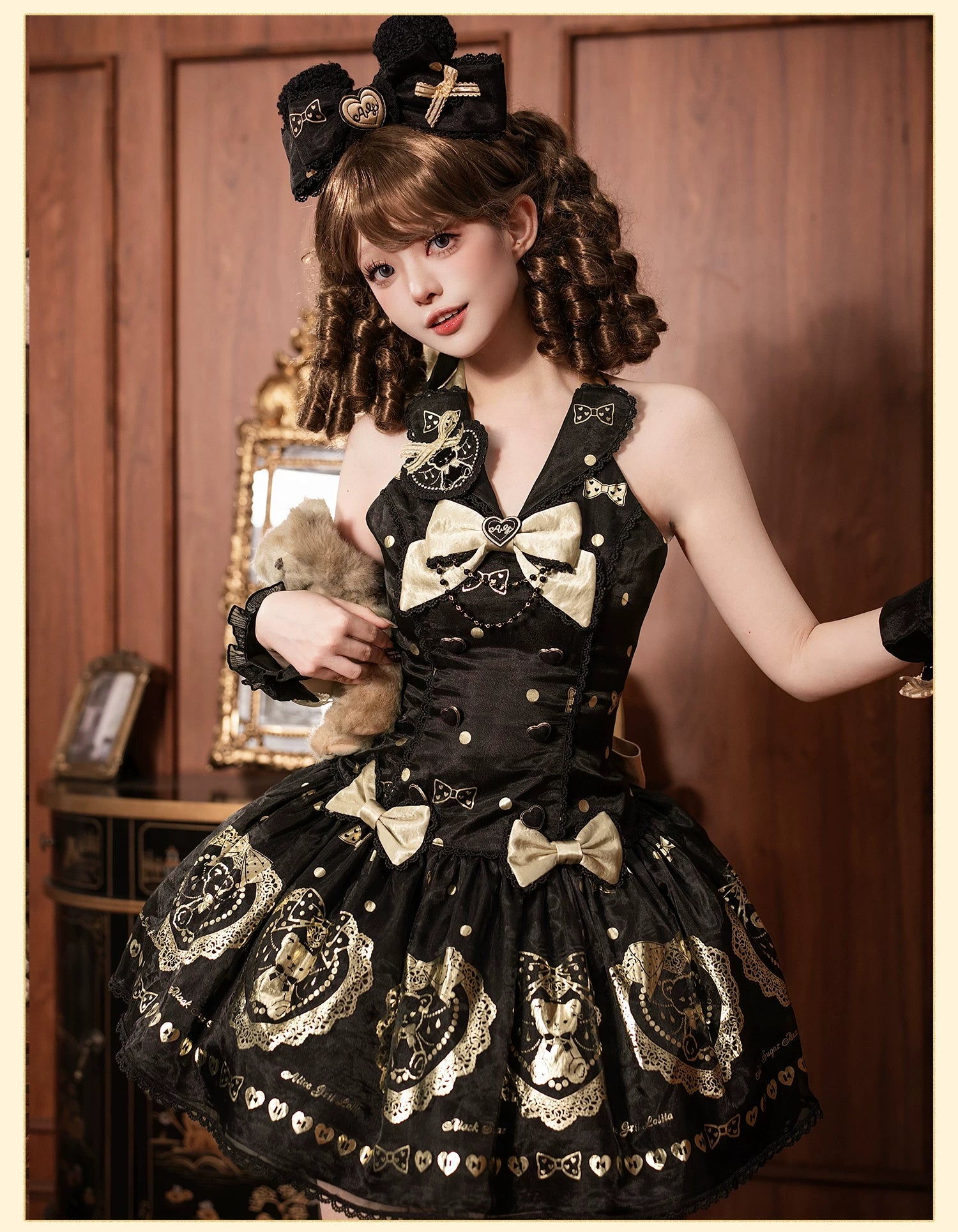 Brown Sugar Bear - Old School Lolita OP & Halter Dress, Bear Print 45249:842117