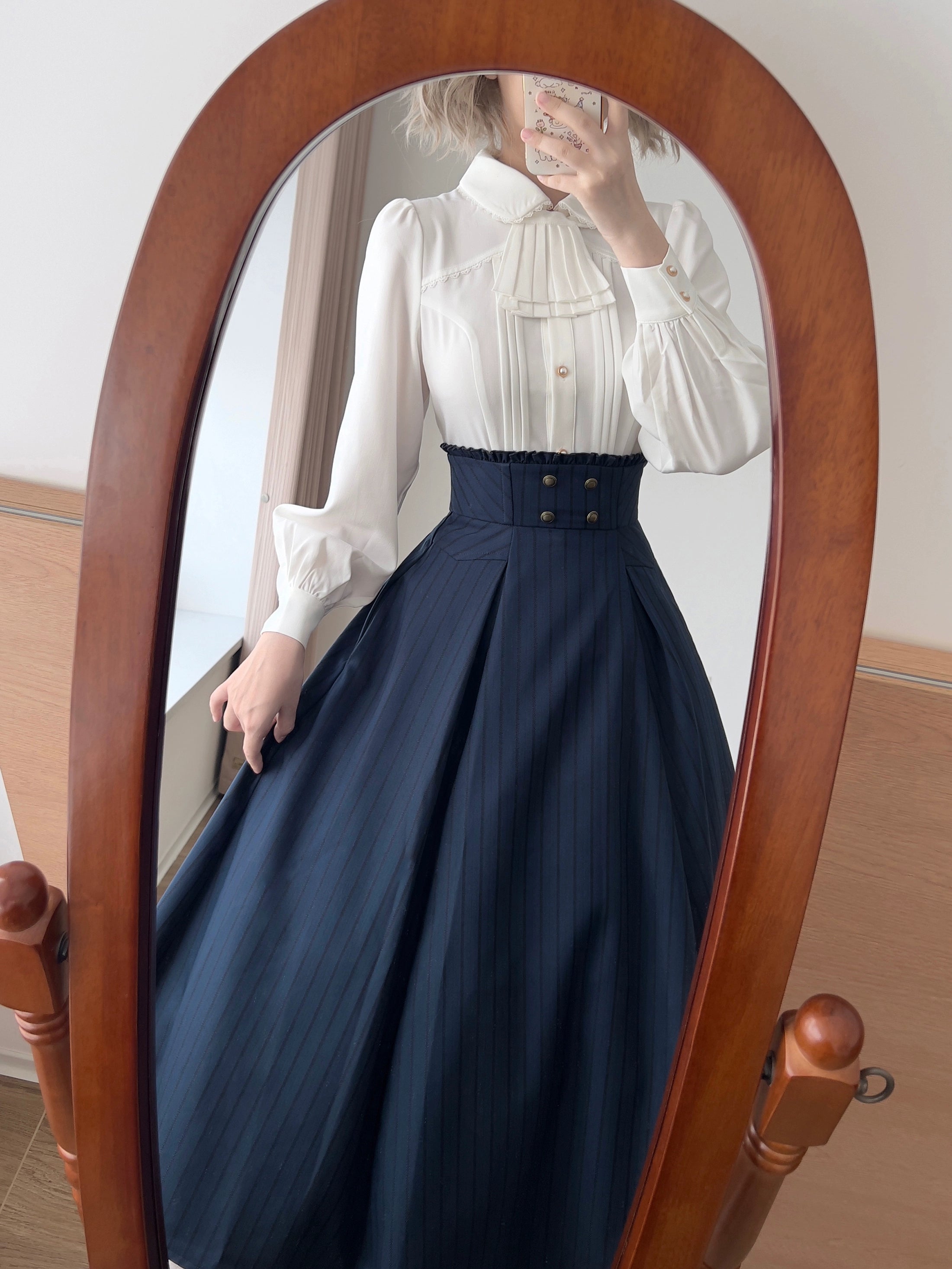 Forest Log - Classic Lolita Fishbone Striped Skirt, Side Pockets