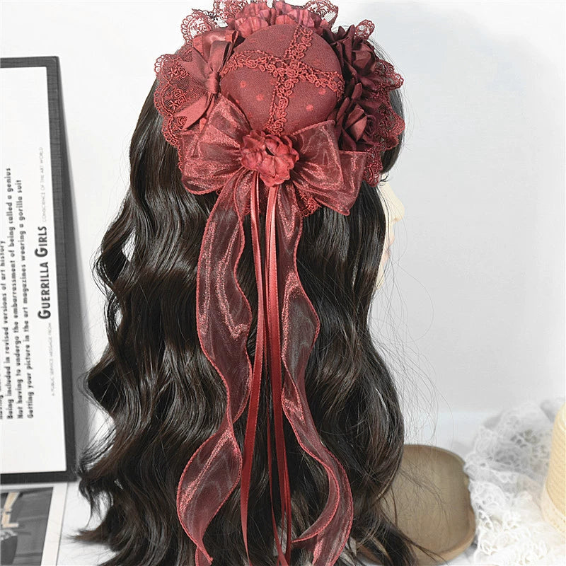 Youge Original Accessory - Gothic Lolita Red Top Hat, Rose & Bow 44131:796380