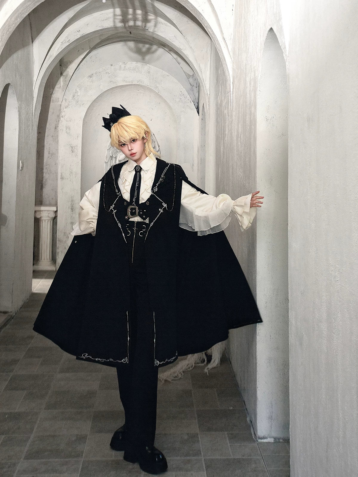 Hidden Crow - Ouji Lolita Cloak & Pants Suit, Silver-Thread Embroidery 46041:873264