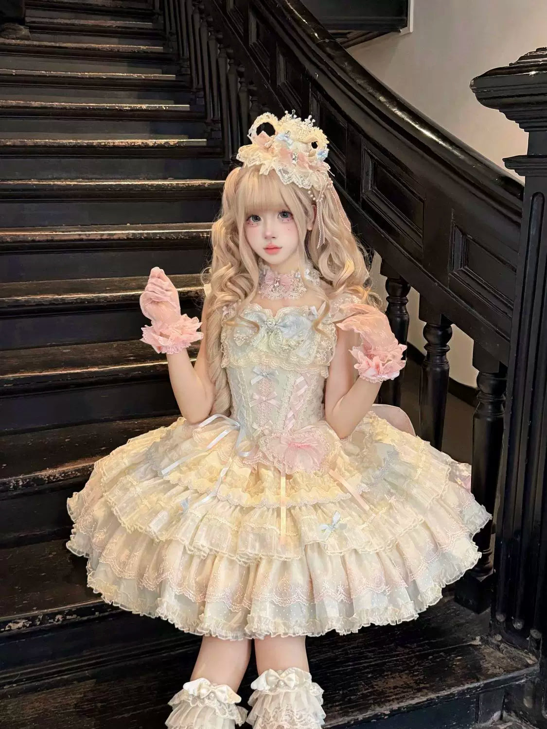 Cloud Whale Dream - Sweet Lolita Corset JSK Dress, Tiered Hem & Bows
