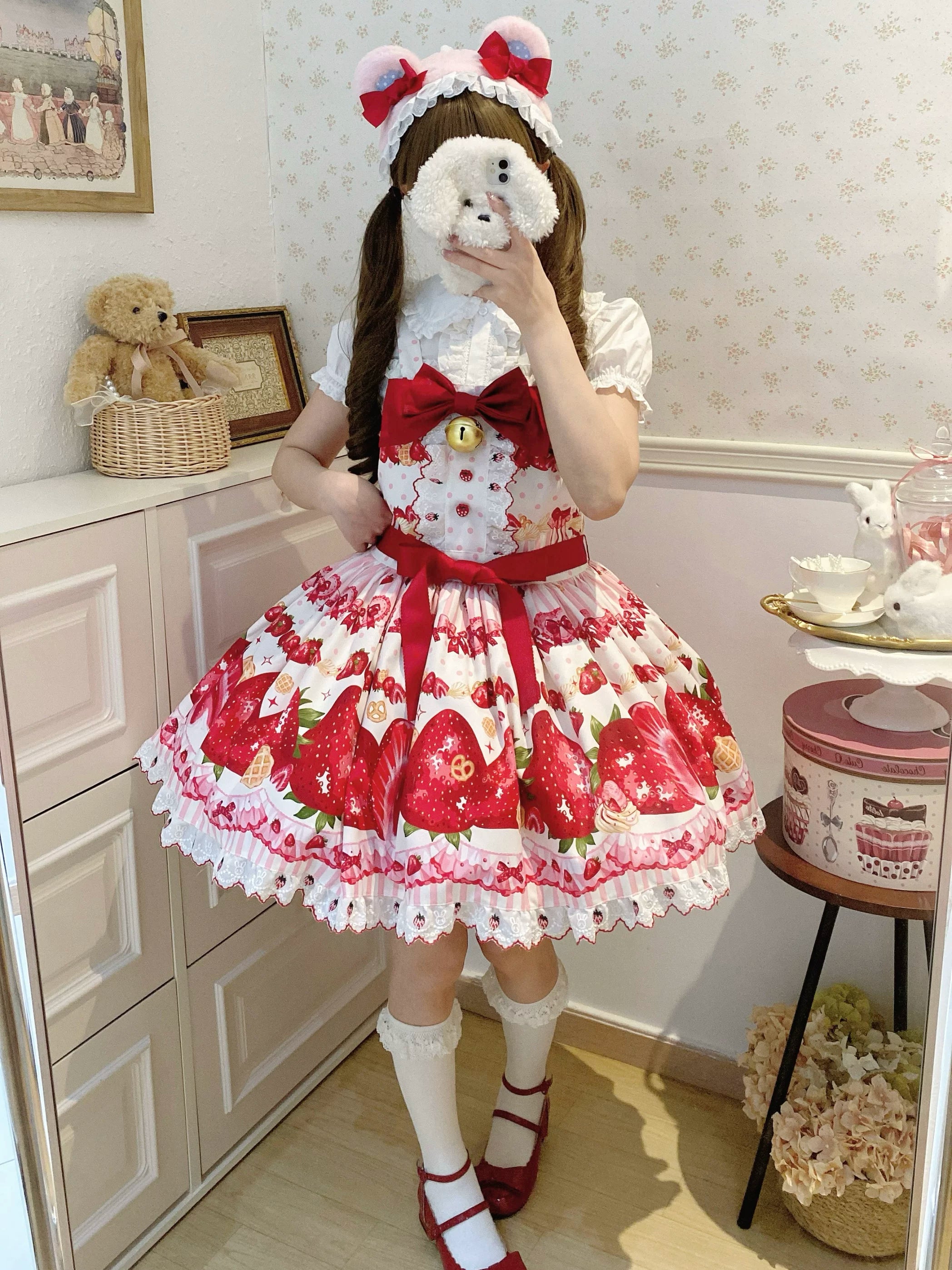 Strawberry Sweetheart Cake - Sweet Lolita Salopette & JSK, Strawberry Print