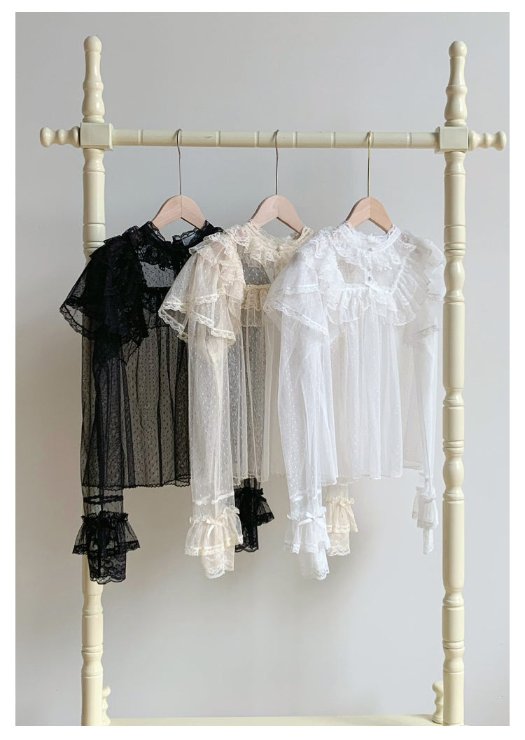 With PUJI~Letters and Poems~Summer Classic Lolita Shirt with Dotted Tulle and Long Sleeve 42792:753892