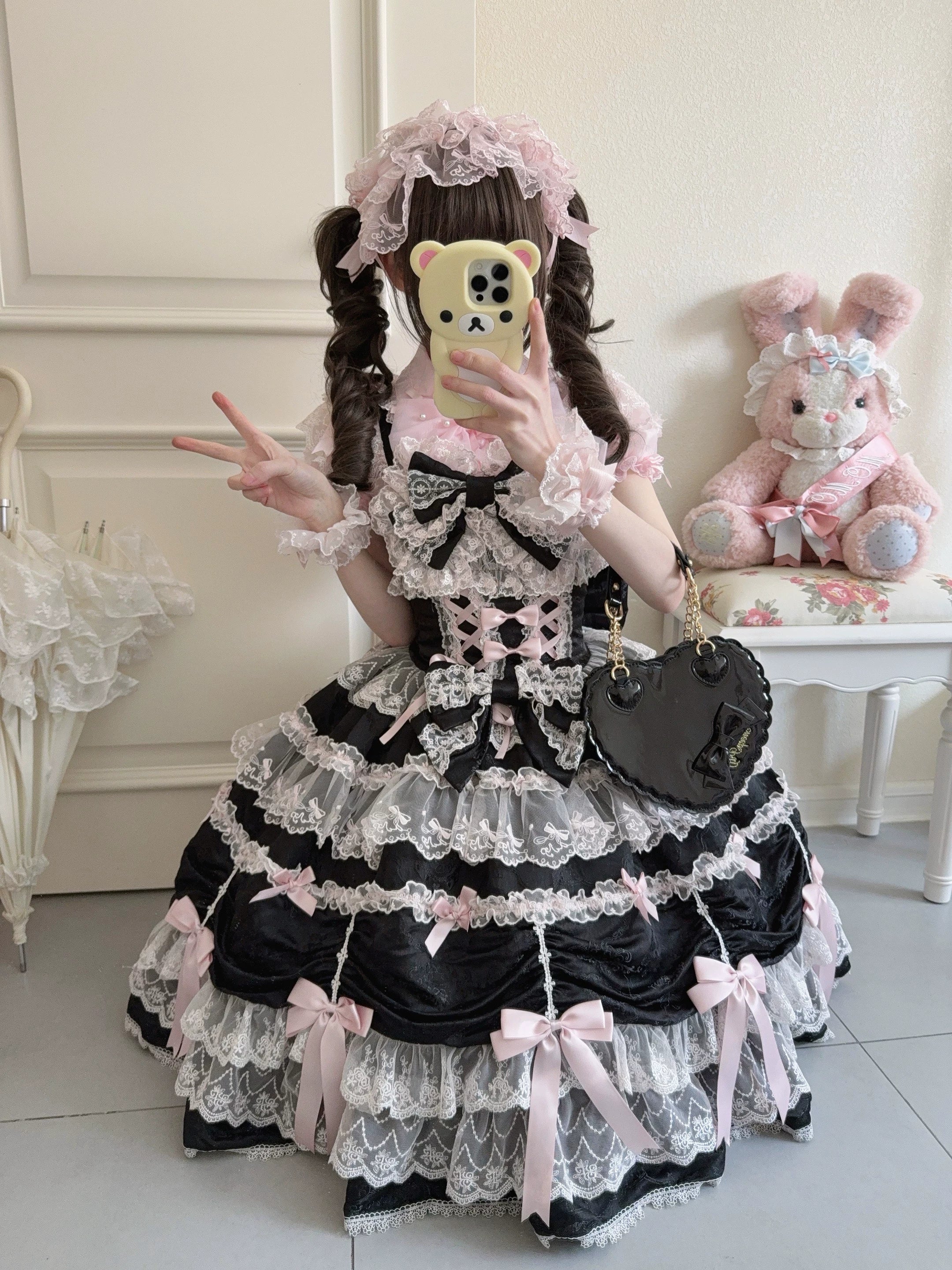 Satin Gift Box - Sweet Lolita JSK Dress, Bows and Layered Lace Black-pink JSK + Back Trailing Bow + Hairband S