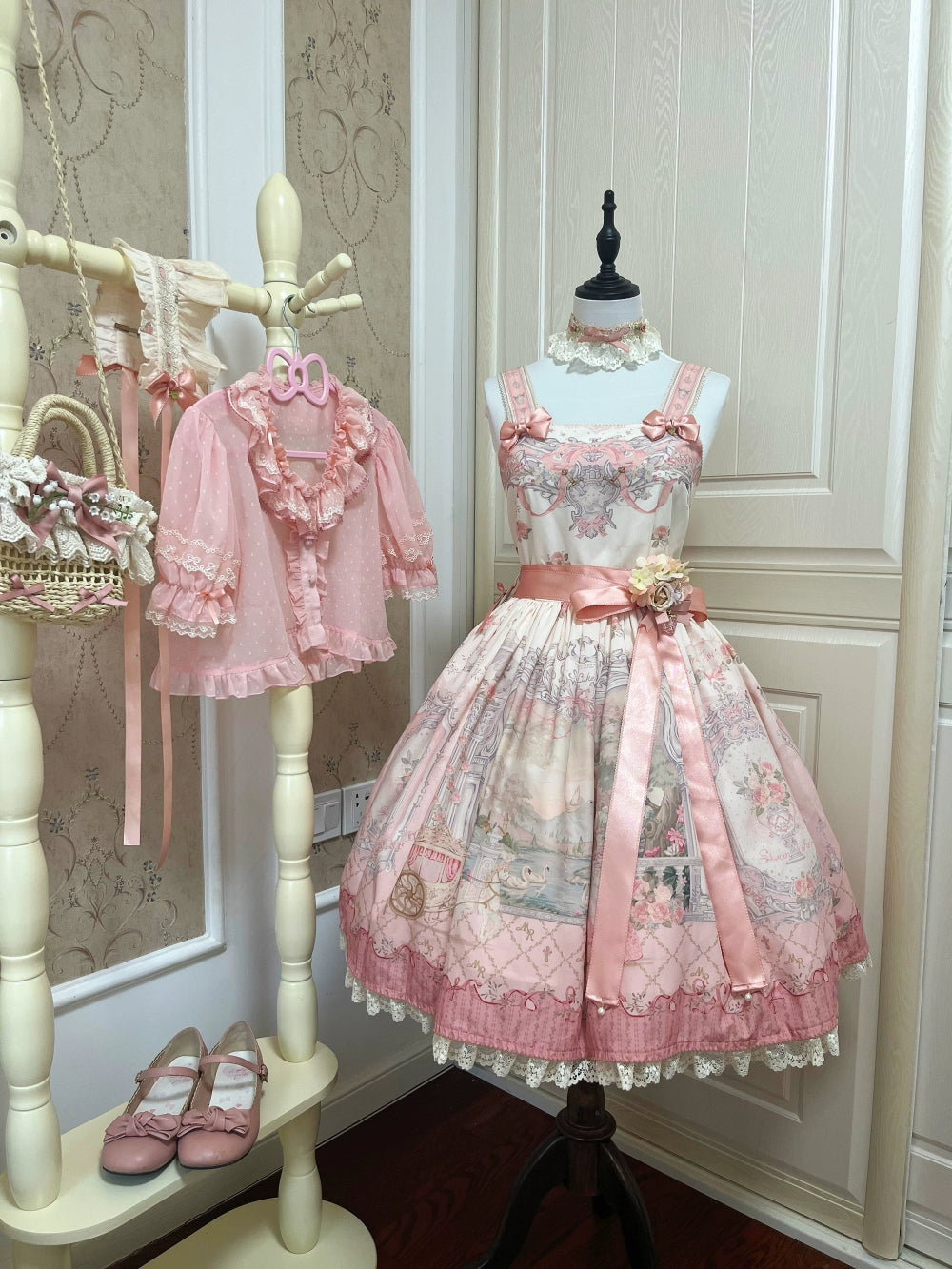 Moon River - Swan Lake Mirror - Pink Sweet Lolita Print JSK Dress 43705:783436