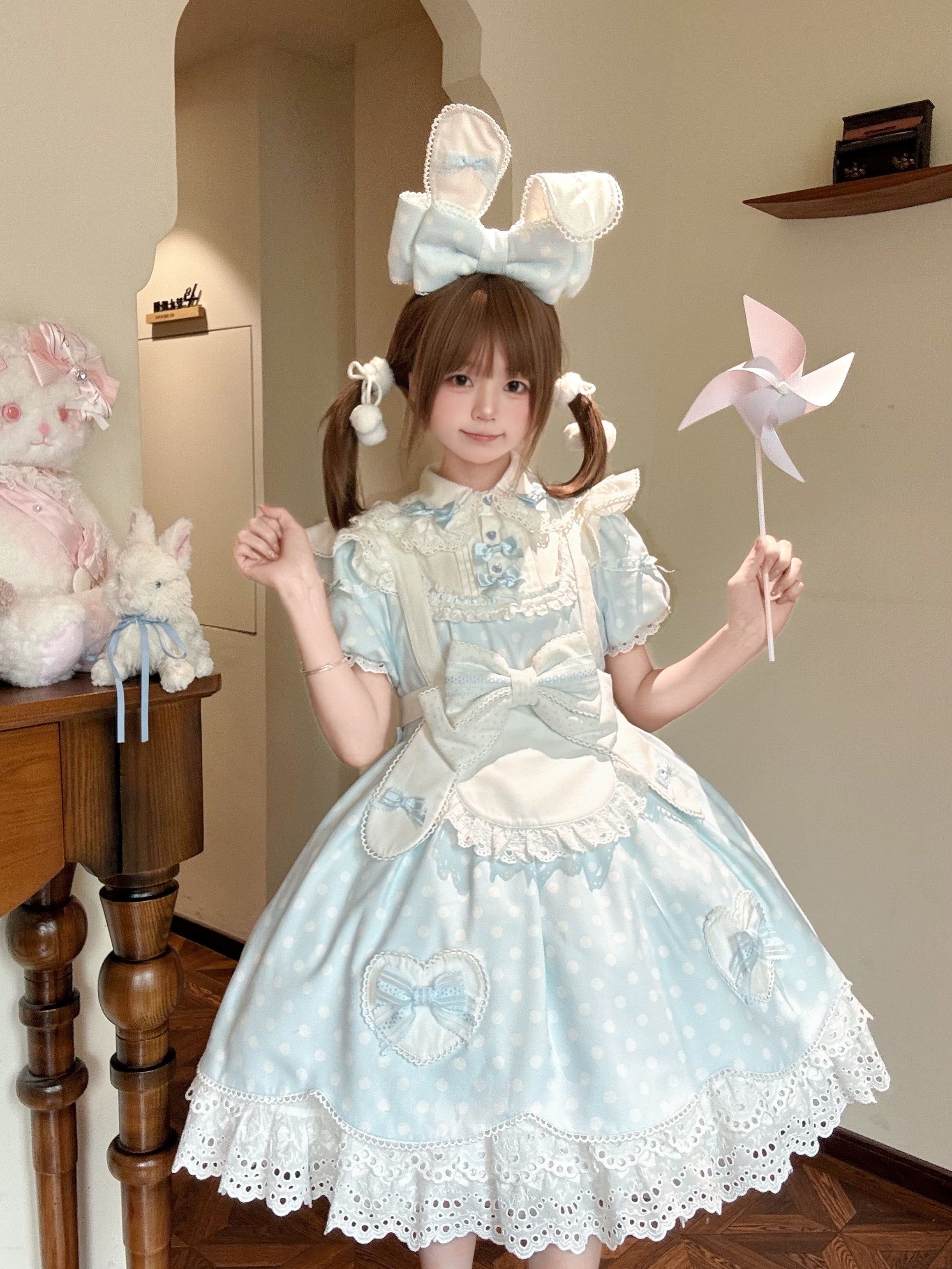 Bunny Kissaten - Four Colors Old School Lolita Polka Dot OP, Bunny Ear Apron 45824:864255