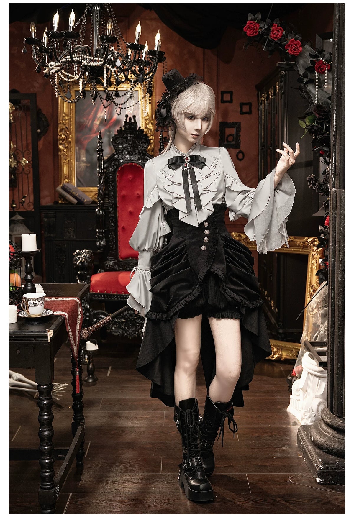 Night Crow - Elegant Gothic Lolita Blouse or Skirt Set, Irregular Hem