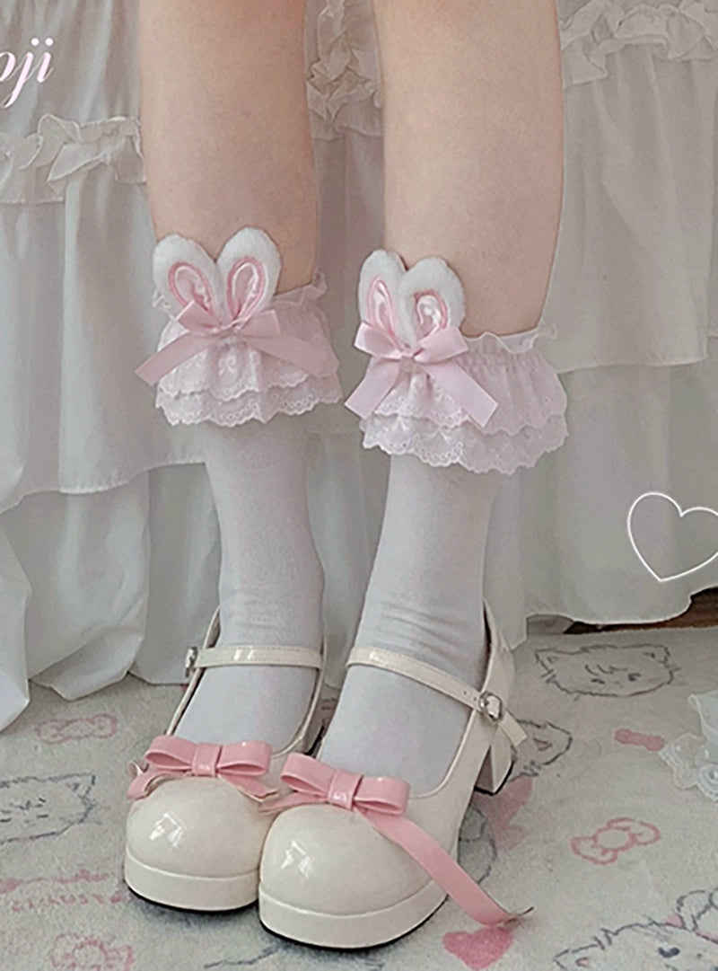 Roji Roji - Sweet Lolita Cotton Socks, Bunny Ear & Ribbon Bow 44135:796840