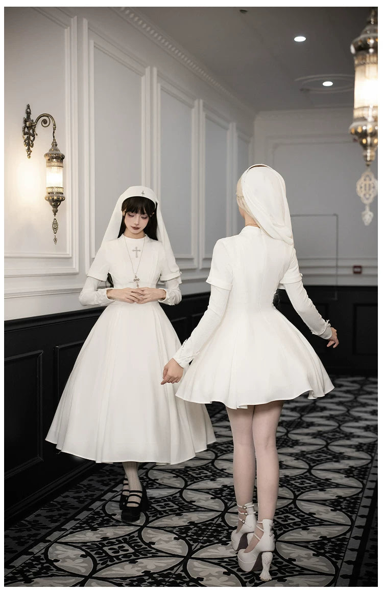 Nihil - Gothic Nun Lolita OP Dress, Irregular Hem Cape 44717:819720