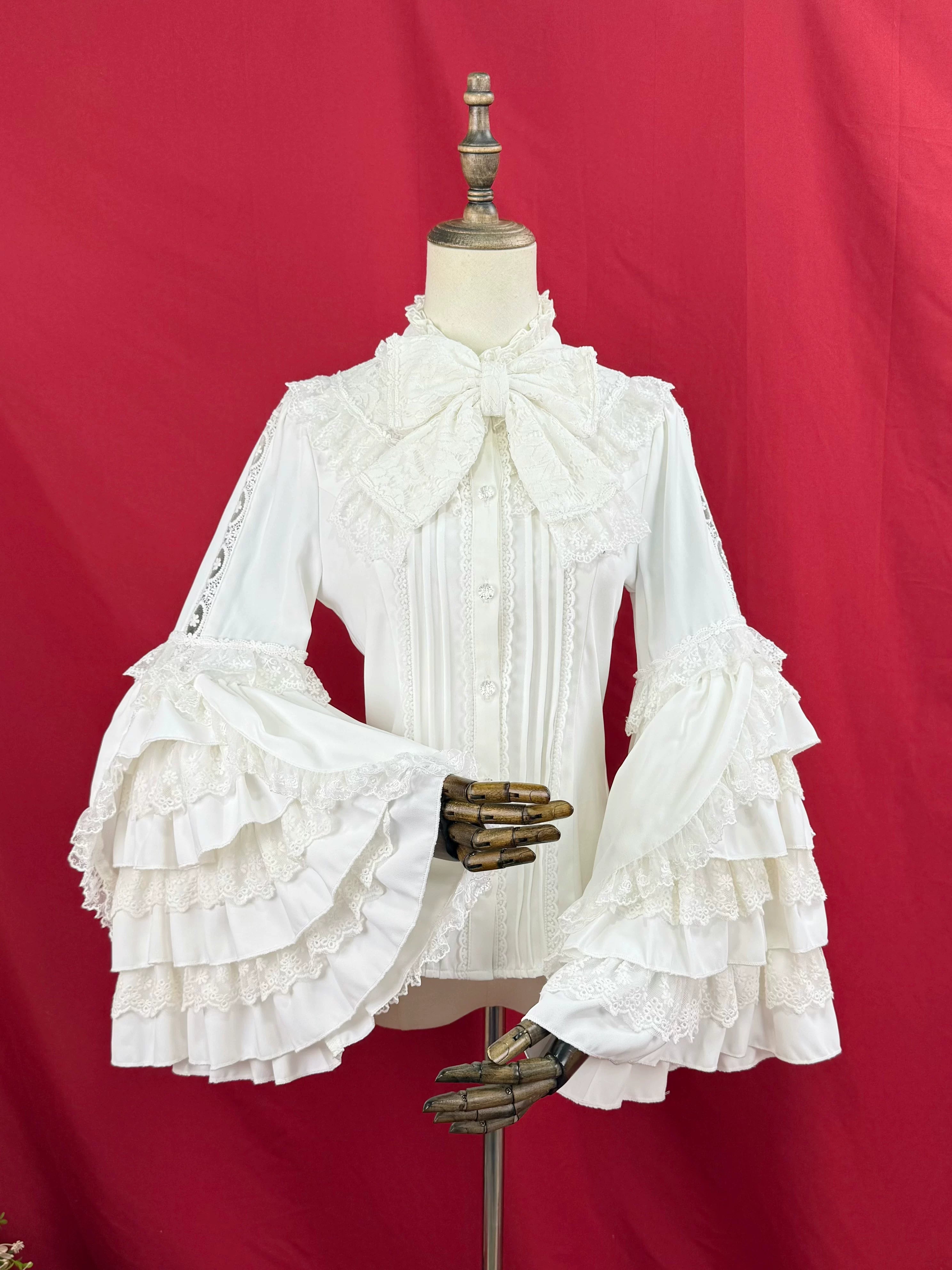 Hime Sleeved Classic Lolita Shirt, Detachable Bow Milky White S
