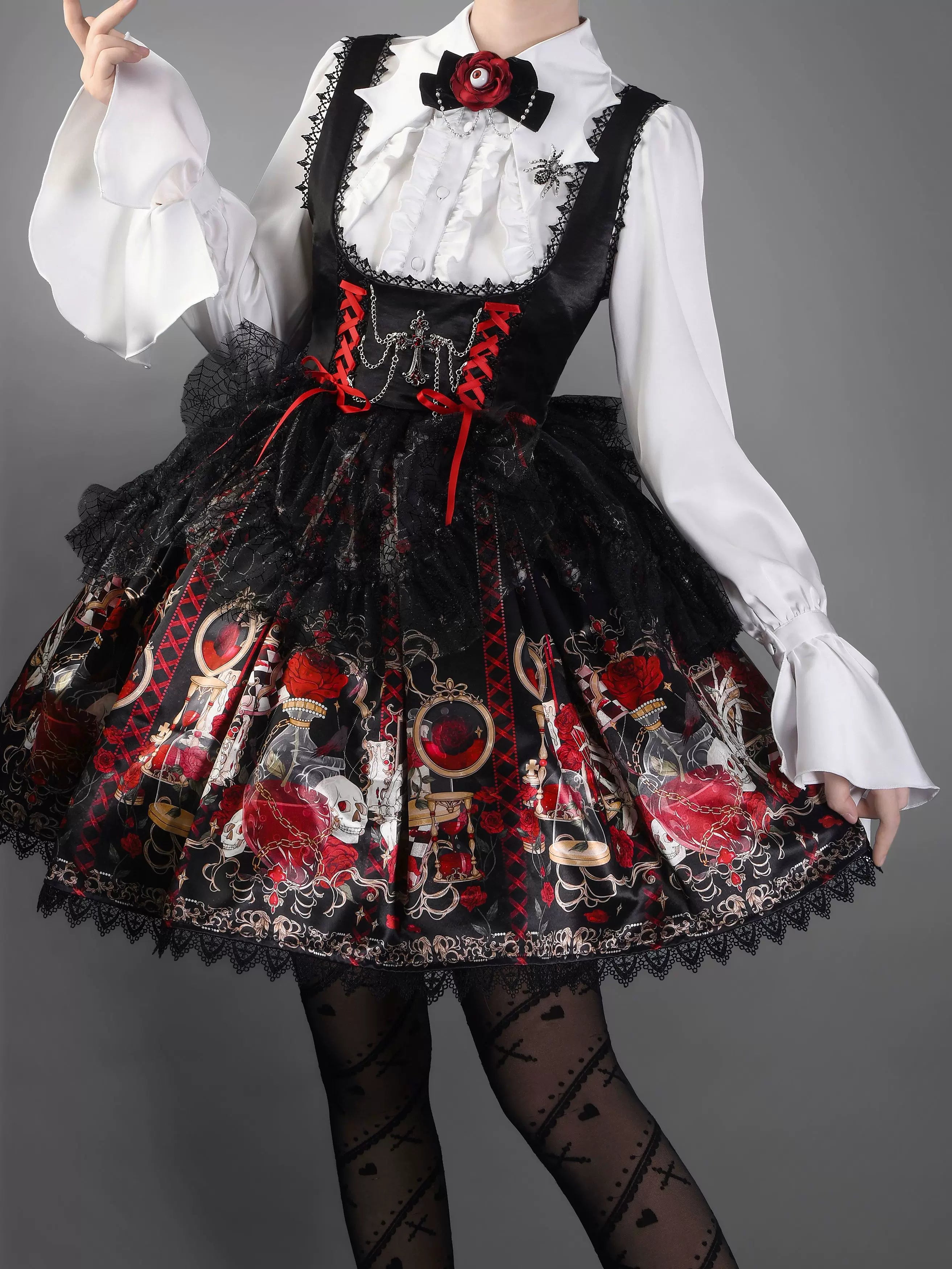 Blood Research Lab - Gothic Lolita JSK Dress, Rose & Skull Print 44449:808773