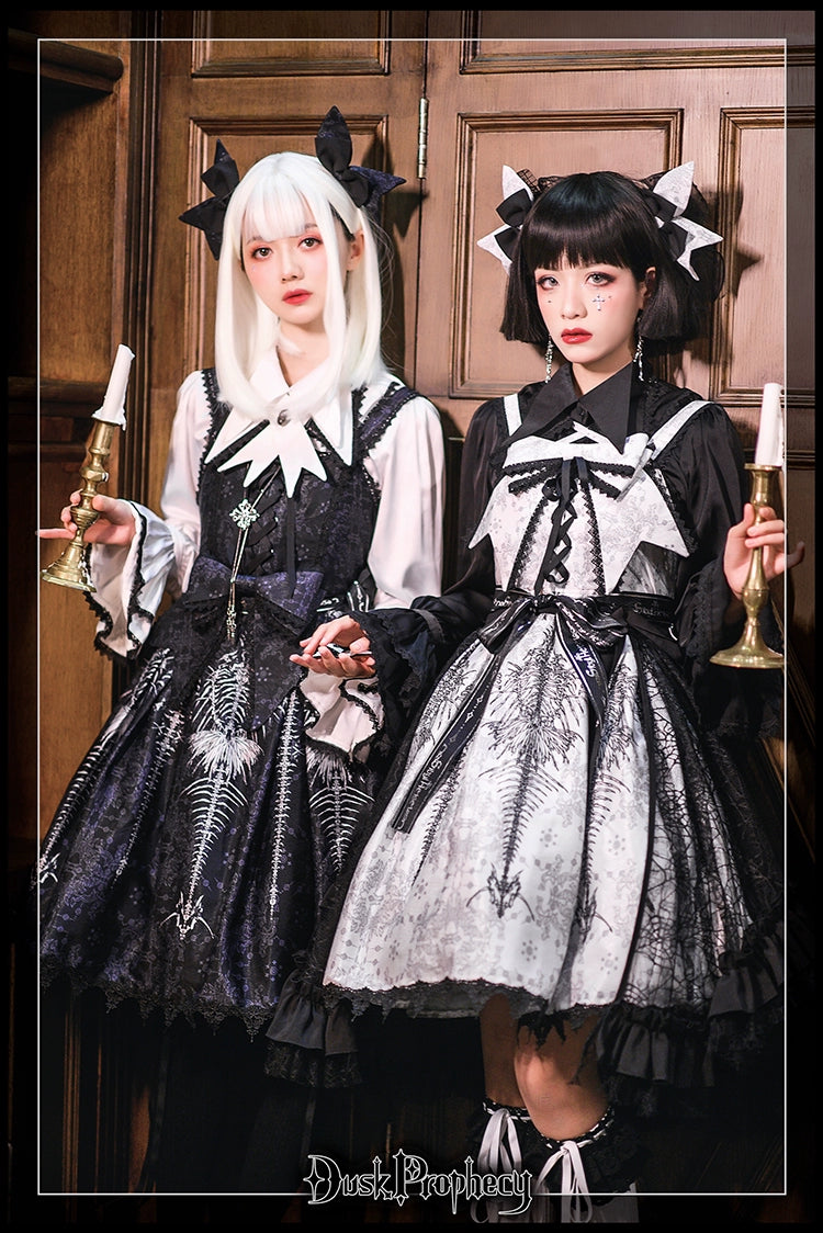 DuskProphecy - Coccyx - Elegant Lolita Dress High Waist Fishbone Print JSK Set 34722:466552