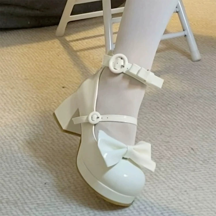Covenant Doll - Sweet Lolita Chunky Heel Shoes, Detachable Bow White - Patent Version 34
