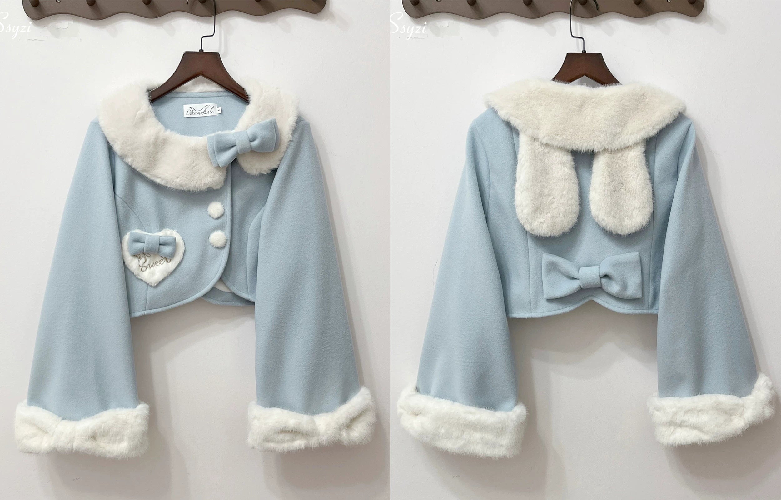 Rabbit Heart Knot - Sweet Lolita Winter Short Coat, Detachable Bunny-Ear Collar 45891:866919