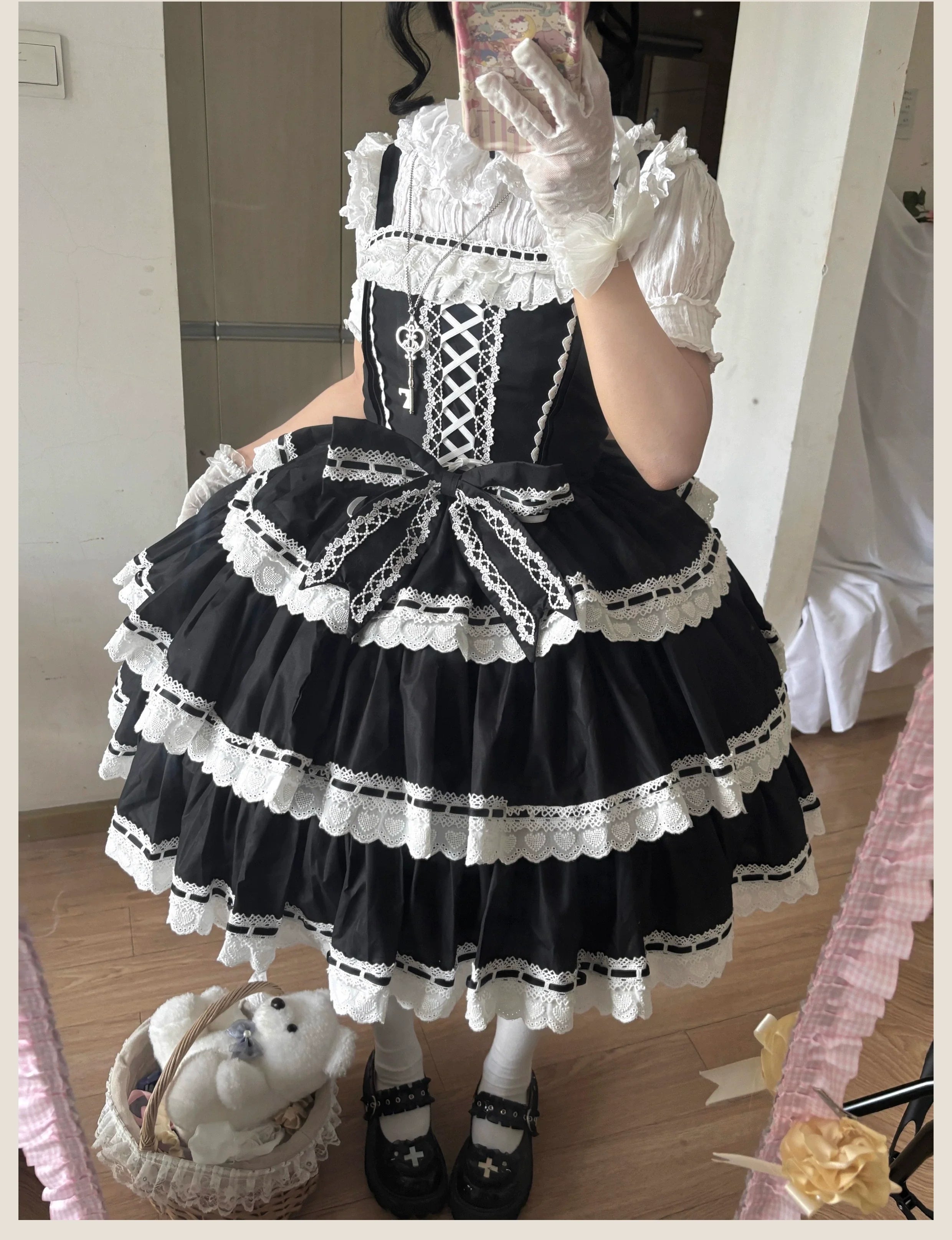 TaTaTa Lolita - Otome Heart - Cotton Old School Lolita JSK Dress, Heart-Shaped Lace Trim 44546:812921