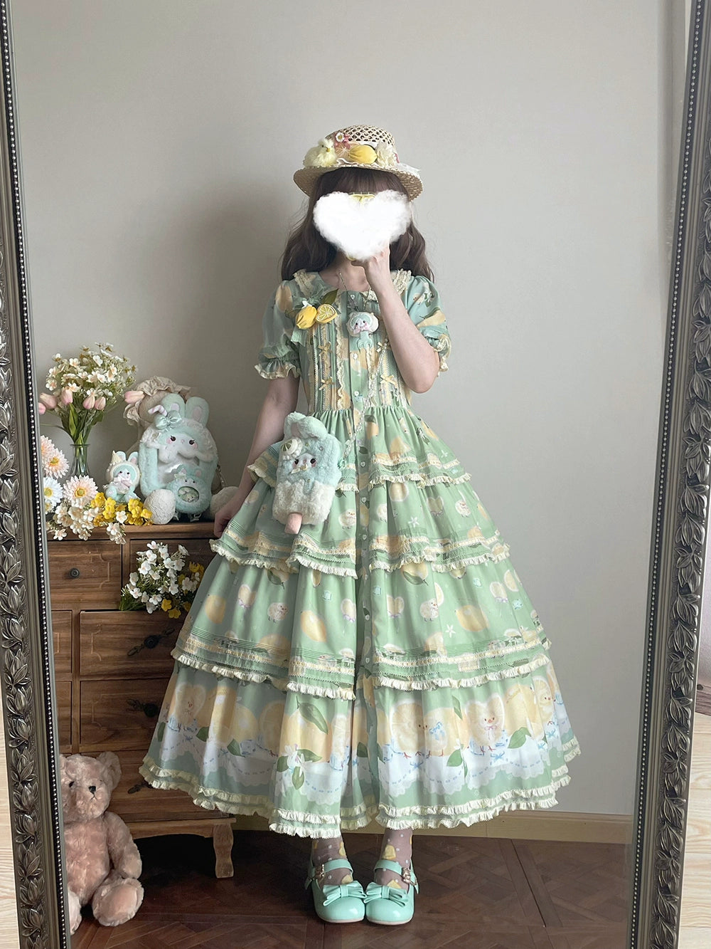 Miss Point - Lemon Chick - Country Lolita Printed OP With Button Front