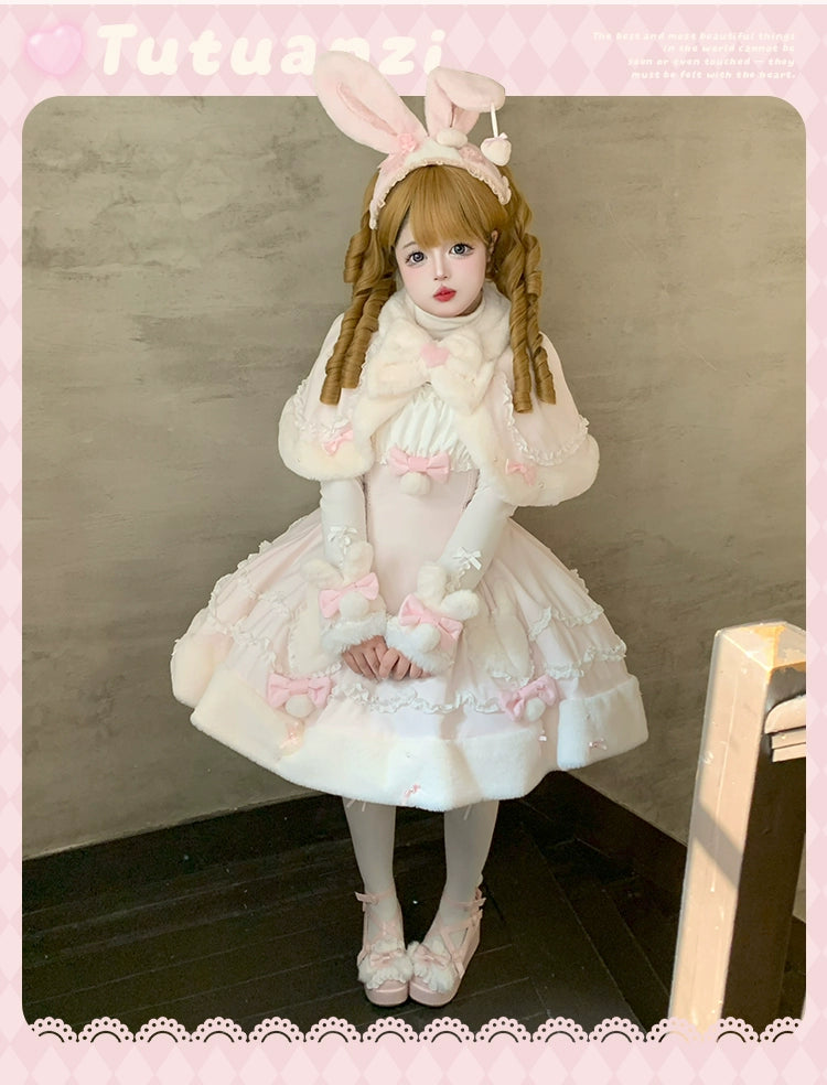 Mengfuzi - Bunny Mochi - Winter Doll-like Sweet Lolita Cape Dress Set
