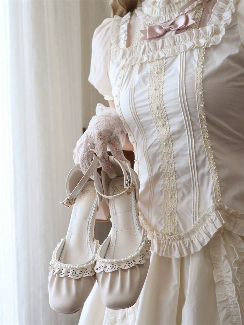 MR.Qiutian~Dance of Camellia~Elegant Lolita Chunky Shoes 5CM Heel Pearl Decoration 39200:615528