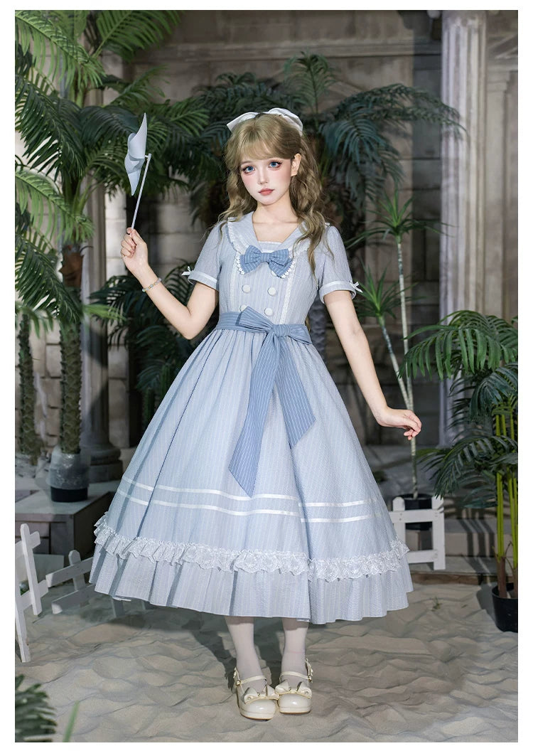 Seven-Day Bell - Blue Classic Lolita Striped OP Dress, Sailor Collar 45166:837863