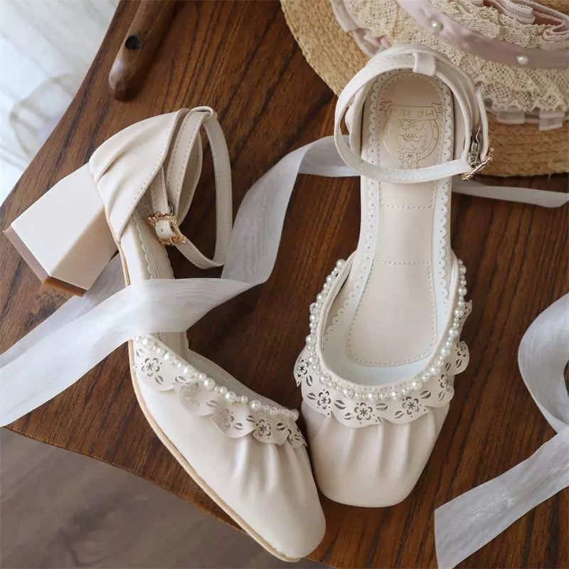 MR.Qiutian~Dance of Camellia~Elegant Lolita Chunky Shoes 5CM Heel Pearl Decoration (35 36 37 38 39 40 / Ivory) 39200:615504
