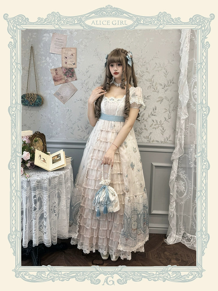 Alice girl~Night Rose~Retro Lolita Dress Floral Print Short Sleeve OP Dress white and blue (short style) XS 