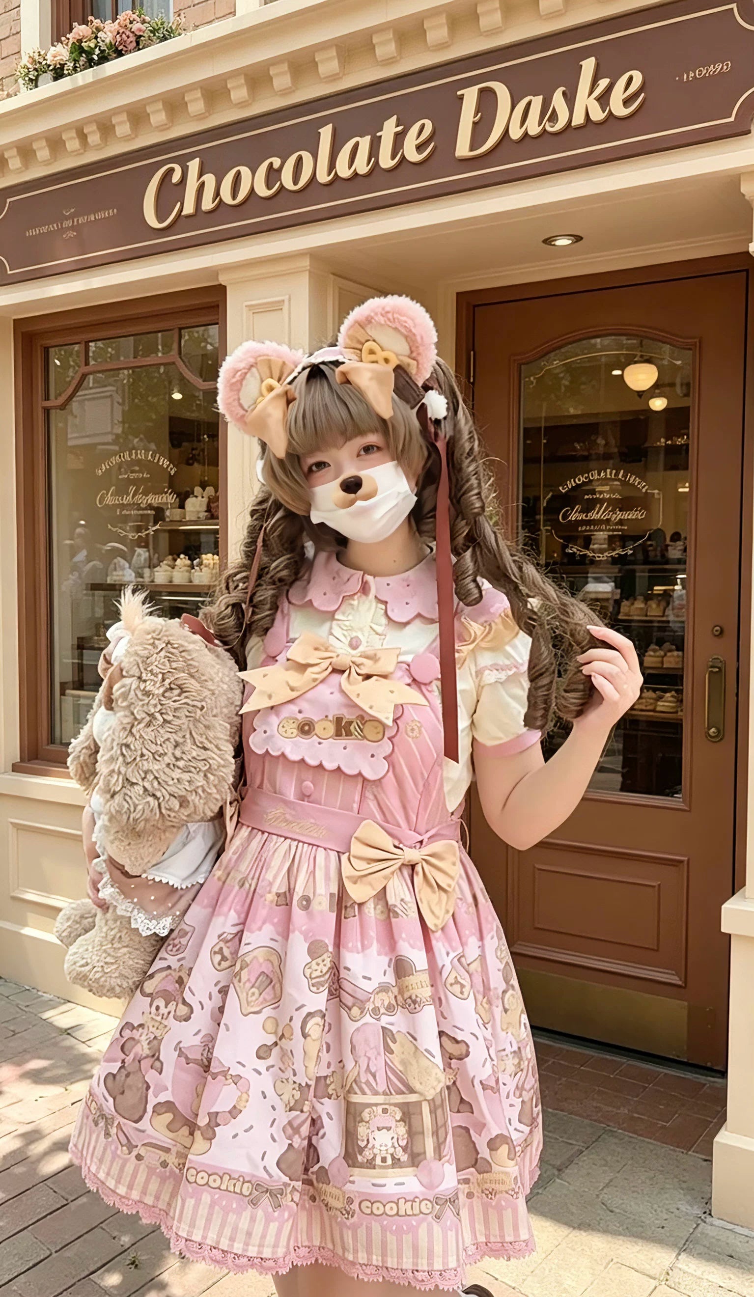 Bear Biscuit SP - Kawaii Lolita Bear Printed Dress Set with Bows 45375:846462