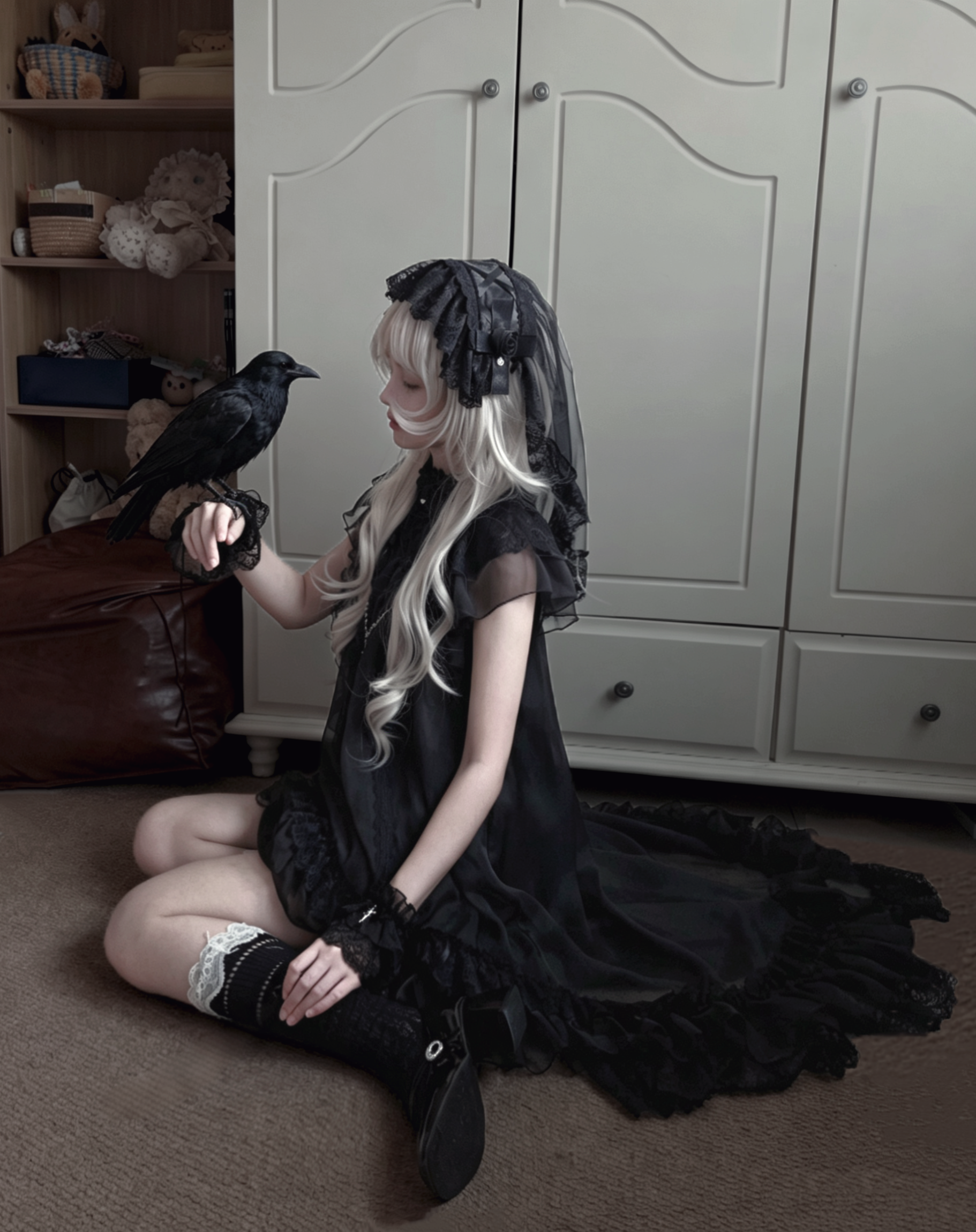 Ghost Jellyfish - Chiffon Gothic Lolita OP, Drawstring Liftable High-low Hem 45549:853727