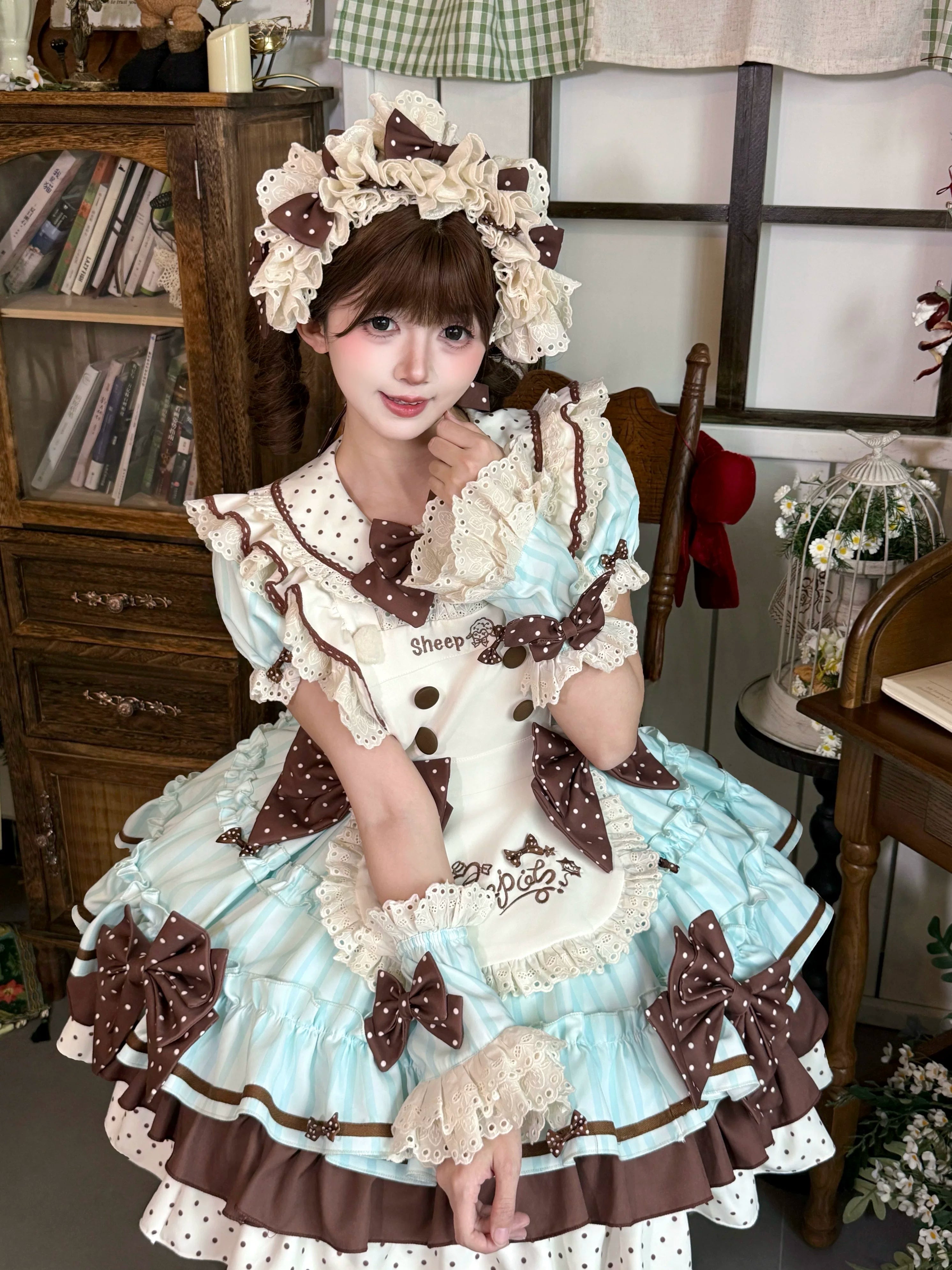 Honeyed Oath - Sweet Lolita Polka Dot OP Dress, Detachable Apron Mint Blue BNT Only (one size / M) S