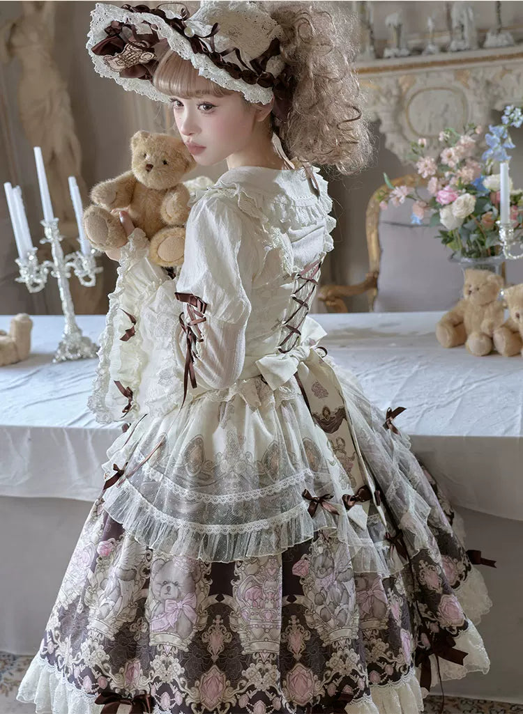 Antique Teddy Bear - Classic Lolita Printed JSK Dress with Ribbon Bows 45538:853265