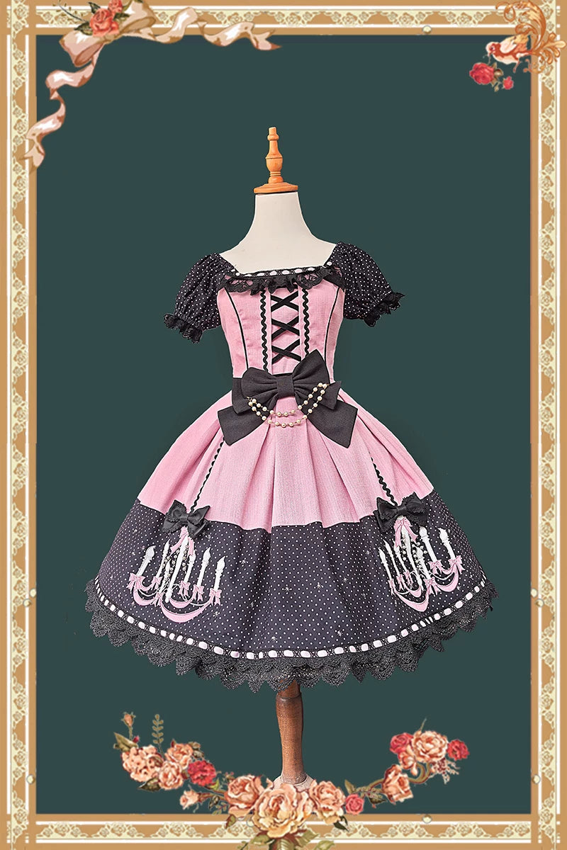 Chandelier - Old School Lolita Dress, Polka Dot, Chandelier Print (L M S XL) 44388:806721