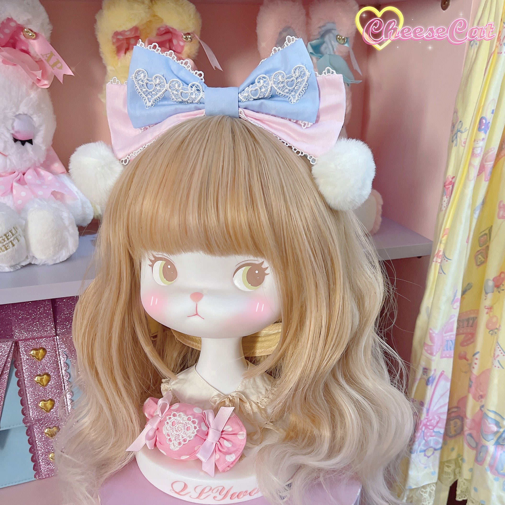 Cheese Cat - Cute and Fluffy Rabbit Ear Lolita KC pink blue bow kc