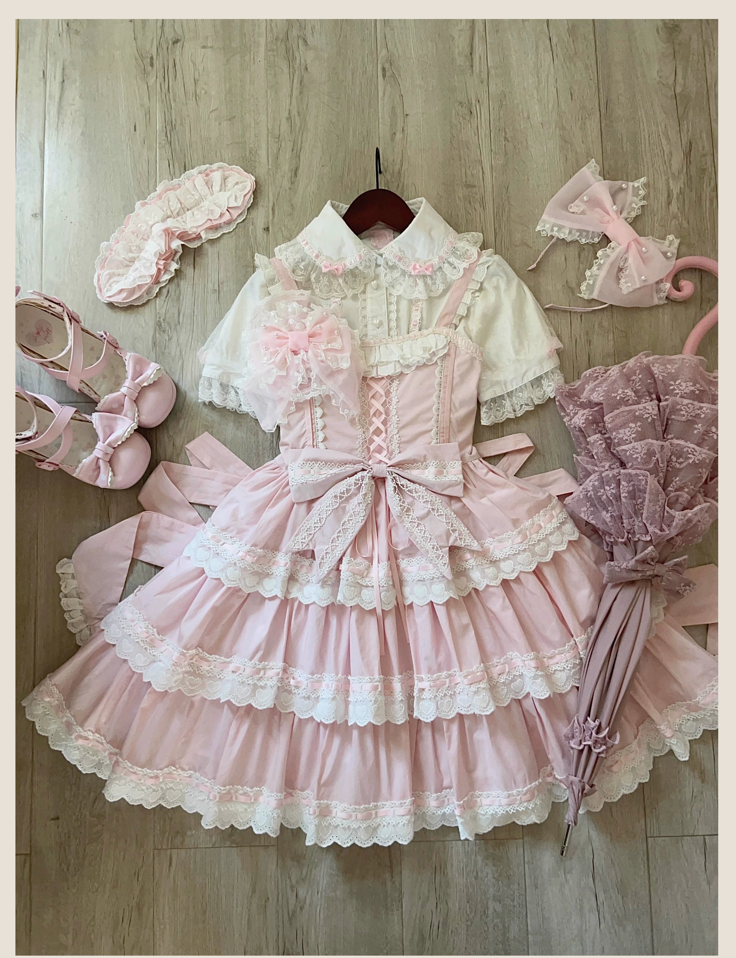TaTaTa Lolita - Otome Heart - Cotton Old School Lolita JSK Dress Suit, Heart-Shaped Lace Trim 43381:774563