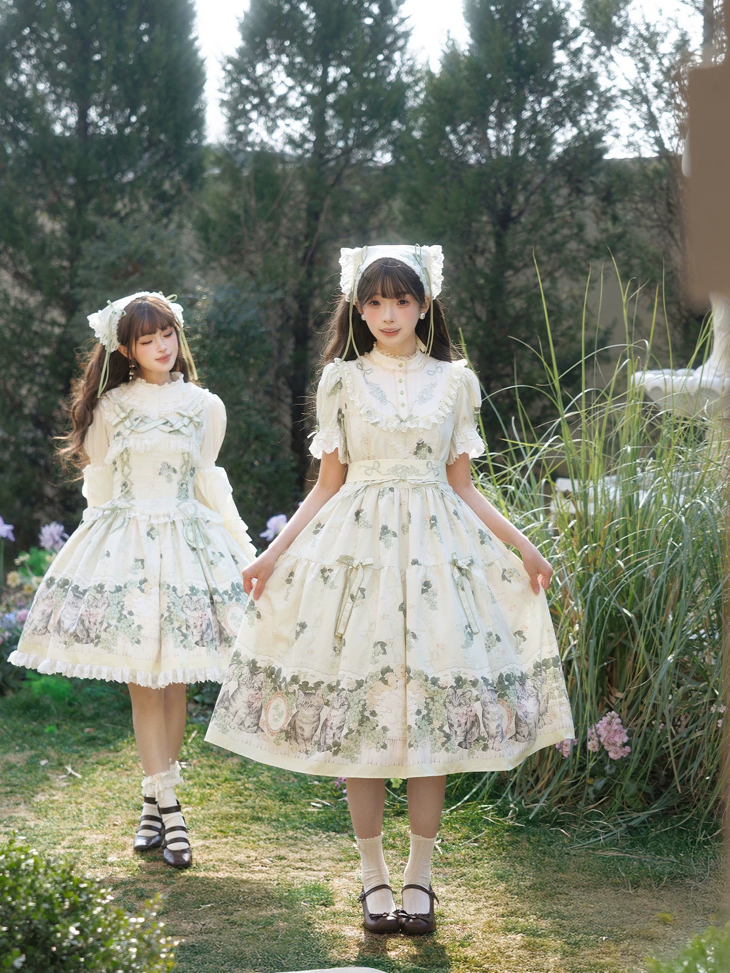 Grape Garden Cat - Classic Lolita Printed JSK Dress, Short Sleeve OP