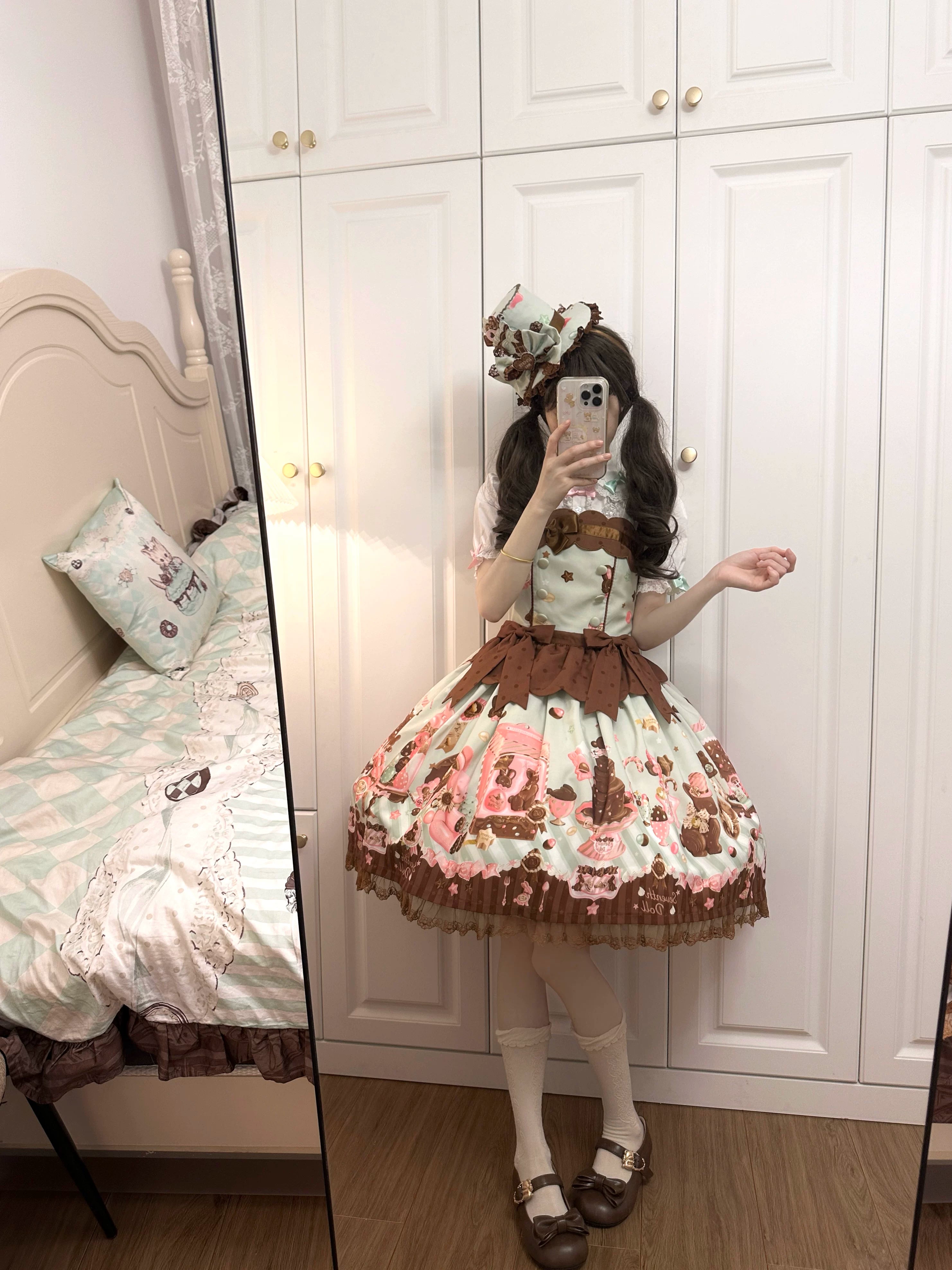 Chocolate Bunny - Printed Kawaii Lolita JSK, Short-sleeved Dress 44614:814859