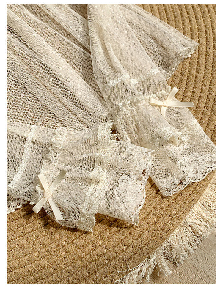 With PUJI~Letters and Poems~Summer Classic Lolita Shirt with Dotted Tulle and Long Sleeve 42792:753879