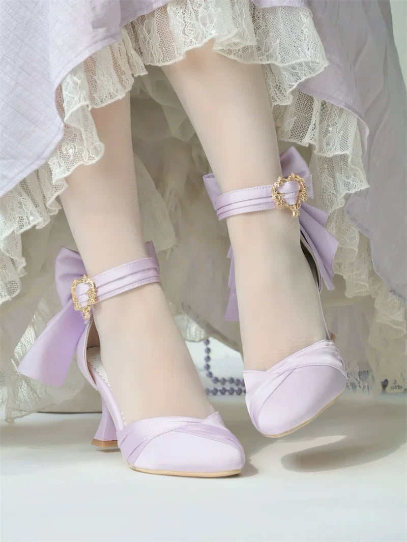 Coronation - Classic Lolita Wine Glass Shaped Heels Shoes, Detachable Bow Light Purple 34